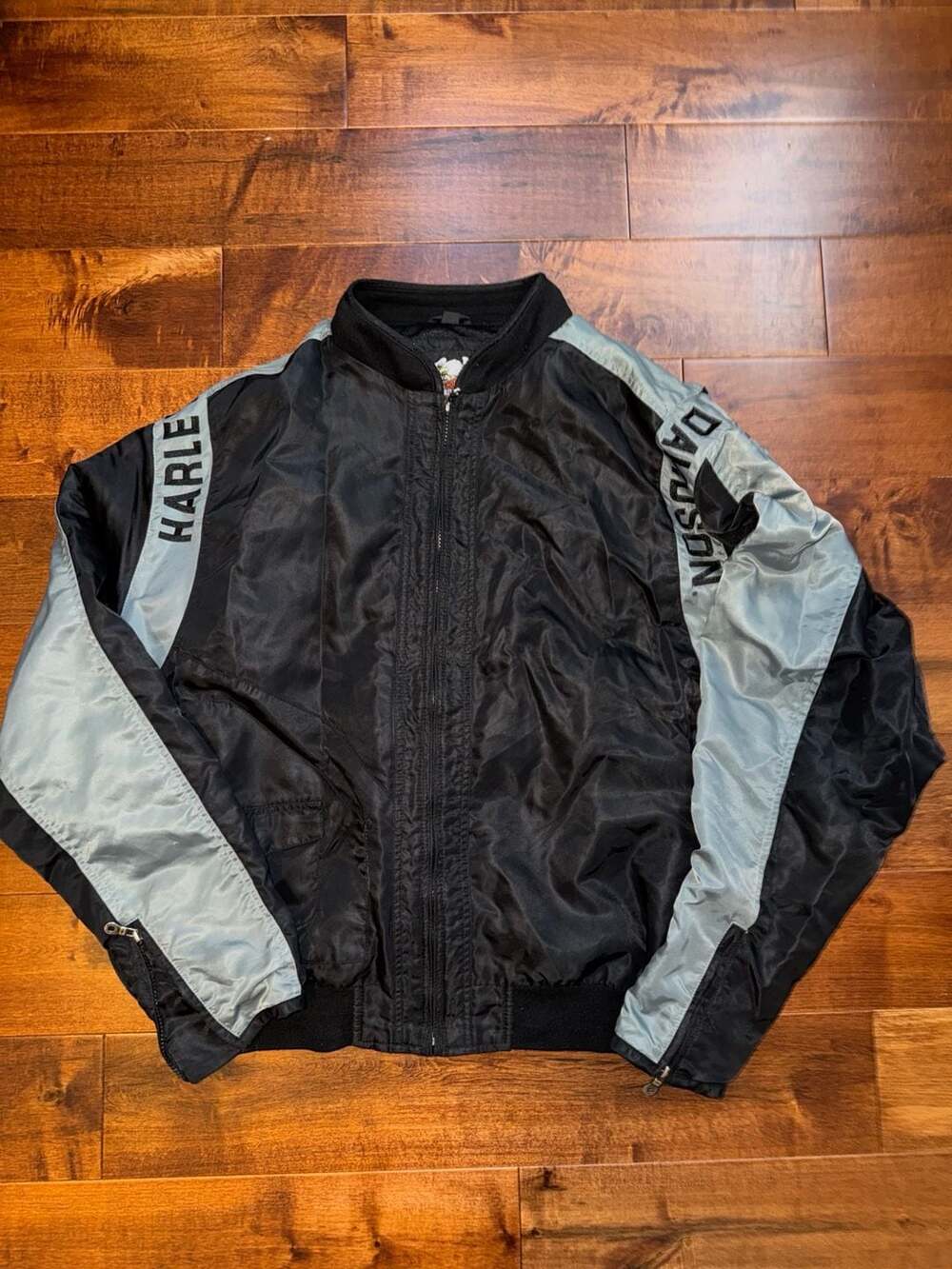Harley-Davidson Black and Grey Nylon Bomber Jacket with Large Back Bar